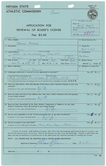 1981 Thomas "Hit Man" Hearns Signed Nevada State Athletic Commission Application For Renewal Of Boxers License (PSA/DNA)